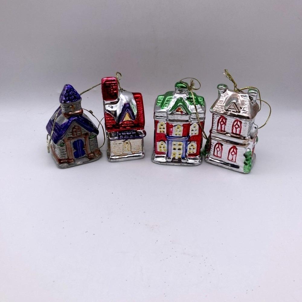 VTG Ceramic Christmas Tree Village House Metallic Glaze Ornament Set Of 4